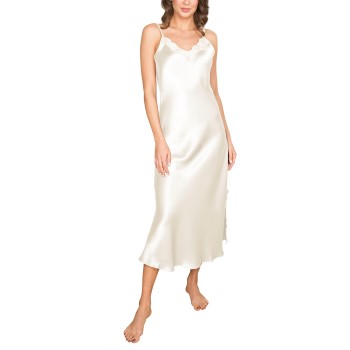 Läs mer om Lady Avenue Pure Silk Long Nightgown With Lace Benvit silke Small Dam