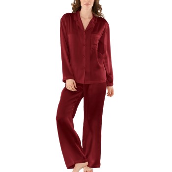 Läs mer om Damella Woven Silk Plain Pyjamas Set Vinröd silke X-Large Dam